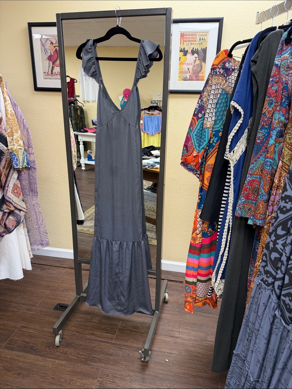 Free People Charcoal Gray Ruffle-Shoulder Maxi Dress